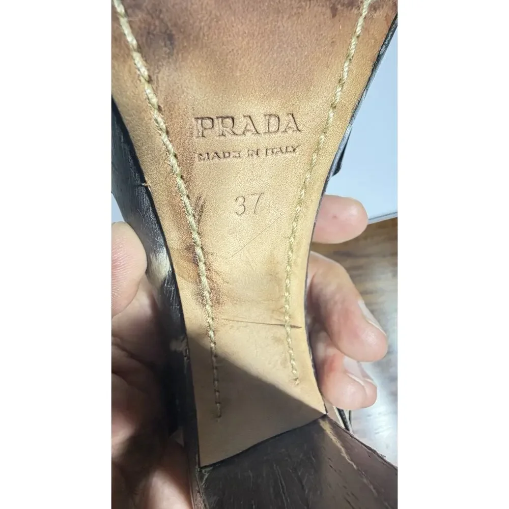 Prada Platform Heels Black Patent Wood Grain Ankle Strap Sz 37 - Picture 8 of 14